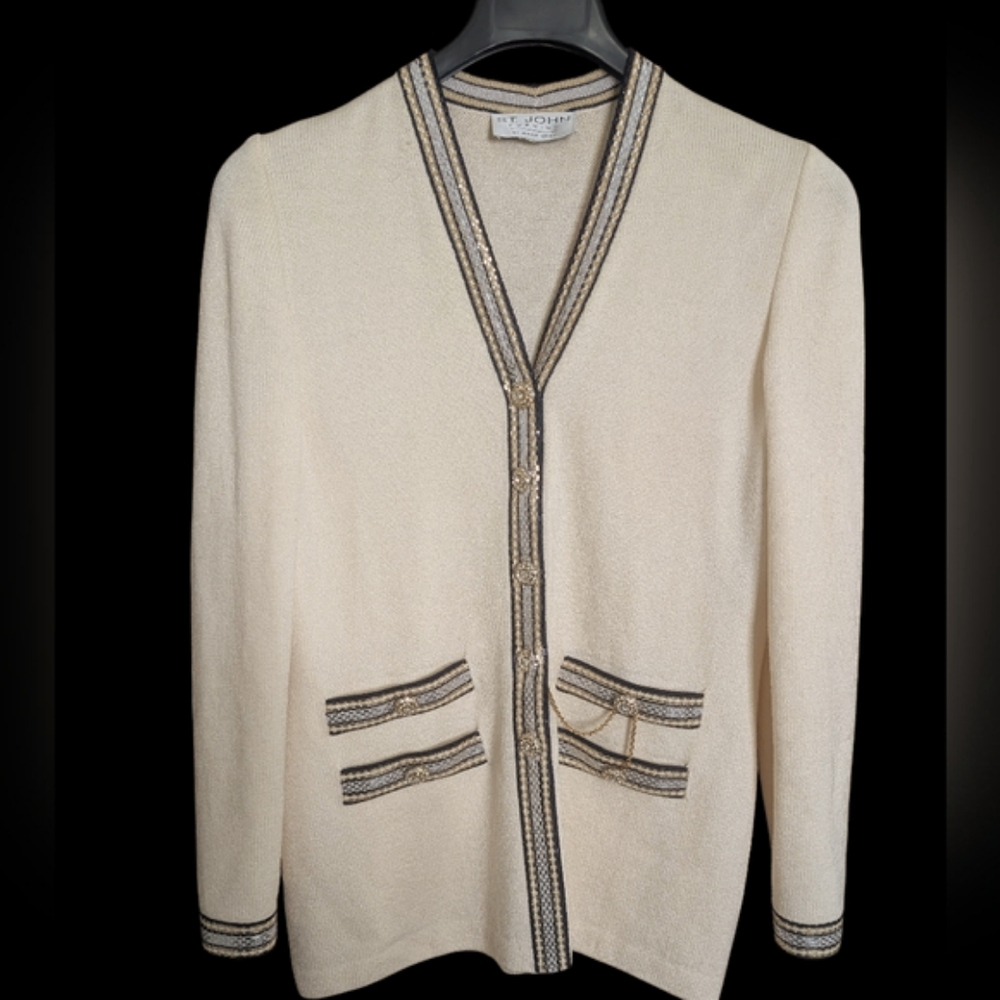 St. John Ivory Cardigan with Dark Accents.... Size 8-10